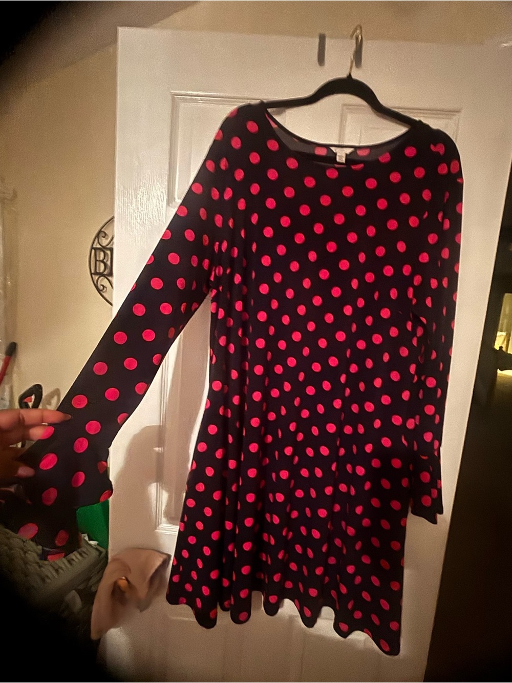 Cato Navy Blue Dress with Bright Pink Polka Dots. Also has POCKETS!